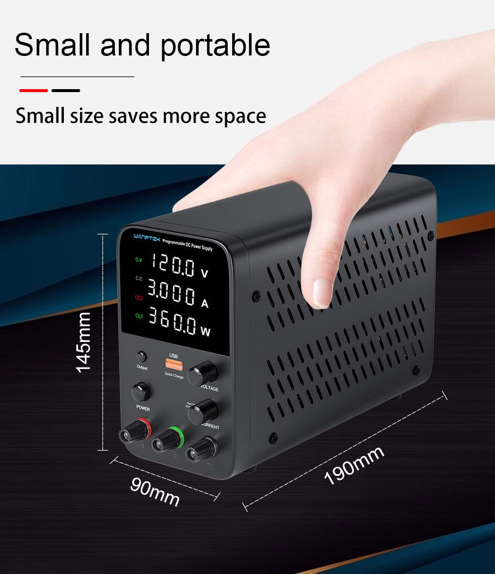 Programovateľný regulovaný zdroj DC WANPTEK WPS1203, 120 V 3 A, nastavenie pomocou kódovača, USB rýchlonabíjanie, inteligentná regulácia teploty, 4-miestný displej, nízke zvlnenie, nízky hluk, čierna farba - EU zástrčka