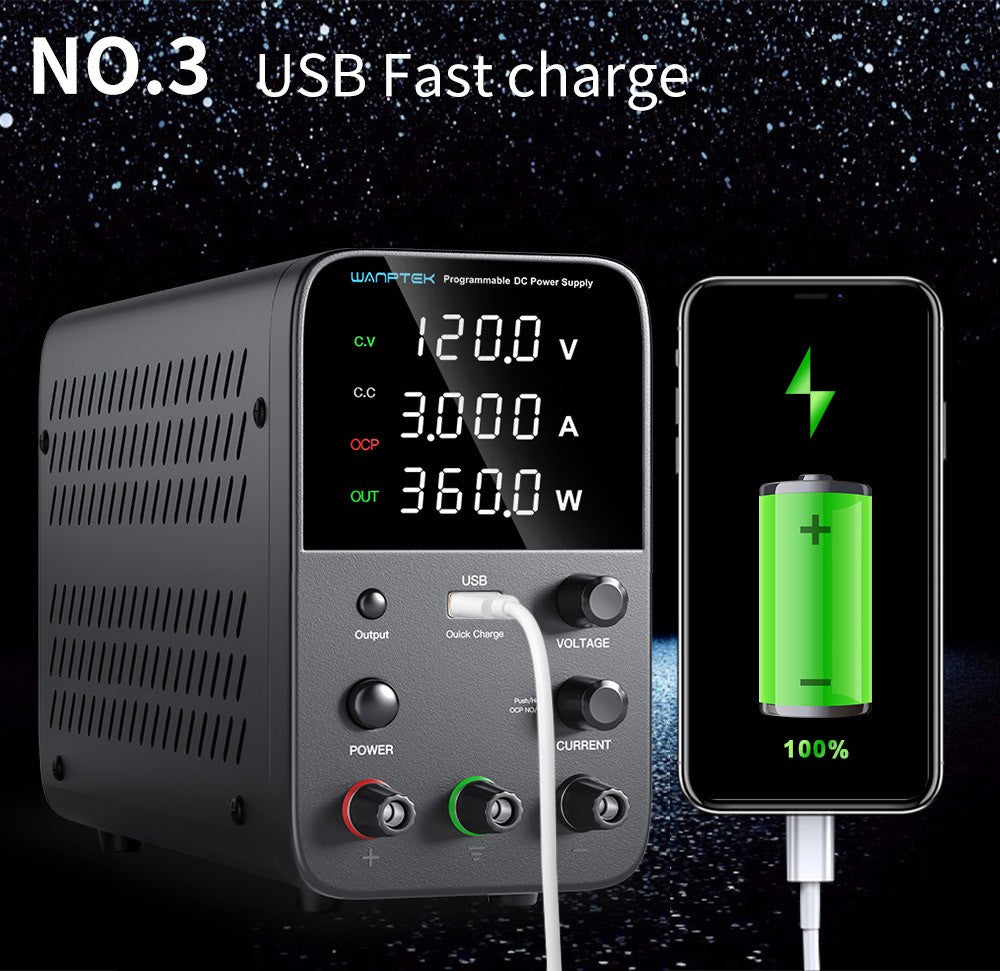 Programovateľný regulovaný zdroj DC WANPTEK WPS1203, 120 V 3 A, nastavenie pomocou kódovača, USB rýchlonabíjanie, inteligentná regulácia teploty, 4-miestný displej, nízke zvlnenie, nízky hluk, čierna farba - EU zástrčka