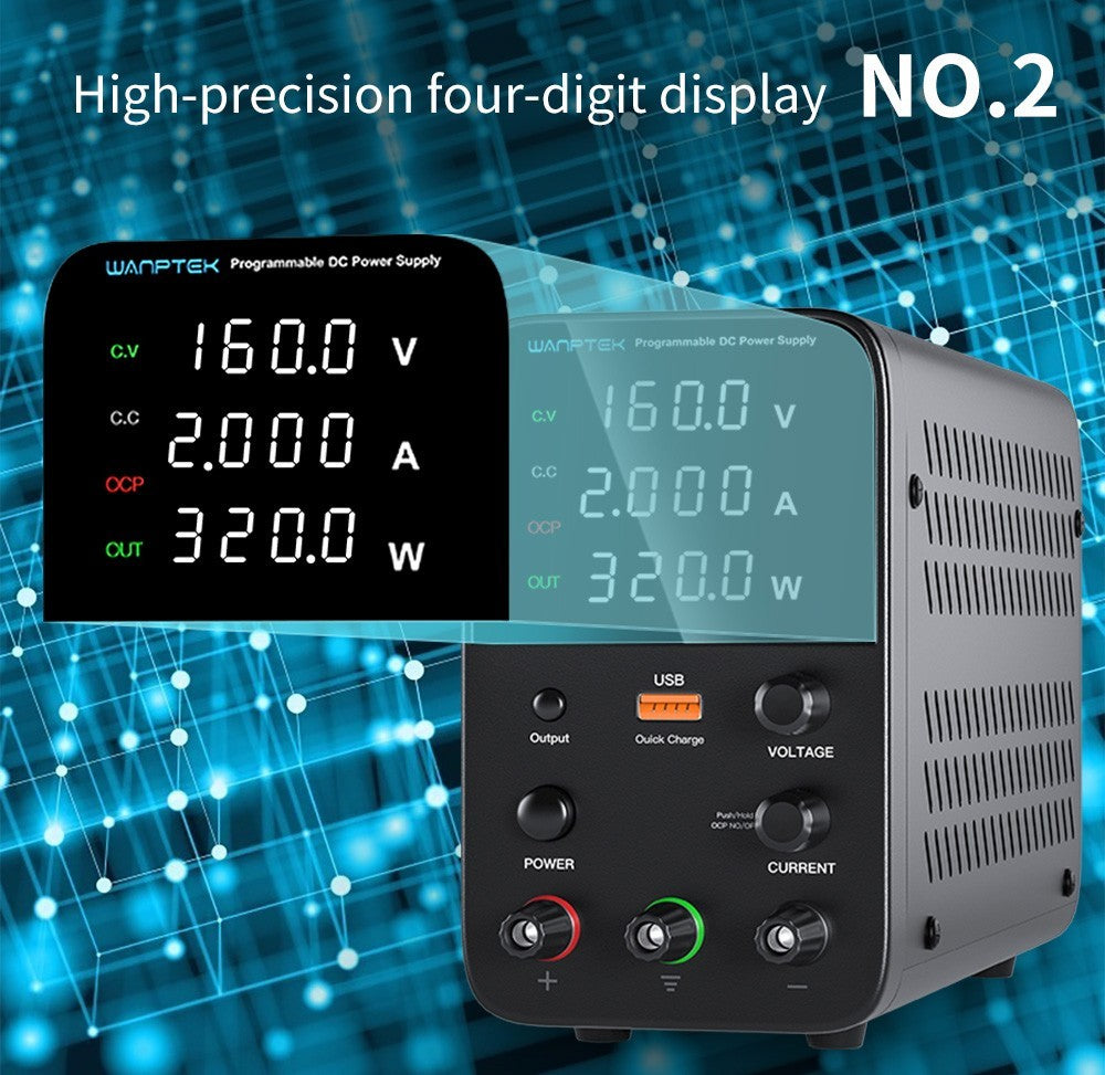 Programovateľný regulovaný zdroj jednosmerného napätia WANPTEK WPS1602, 160 V 2 A, nastavenie pomocou kódovacieho prepínača, USB rýchlonabíjanie, inteligentná regulácia teploty, 4-miestný displej, nízke zvlnenie, nízky šum, biela farba - britská zástrčka