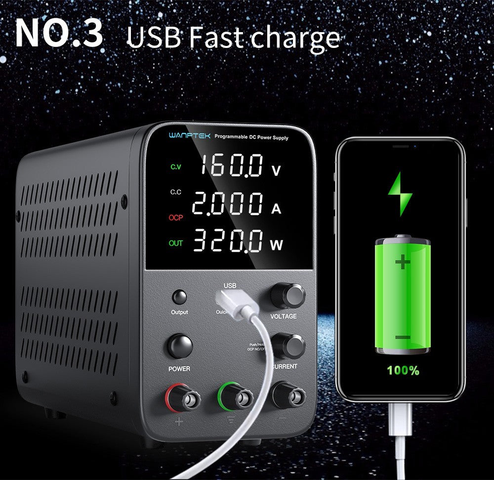 Programovateľný regulovaný zdroj DC WANPTEK WPS1602, 160V 2A, nastavenie pomocou kódovača, USB rýchlonabíjanie, inteligentná regulácia teploty, 4-miestný displej, nízke šumy a vibrácie, biela farba - britská zástrčka