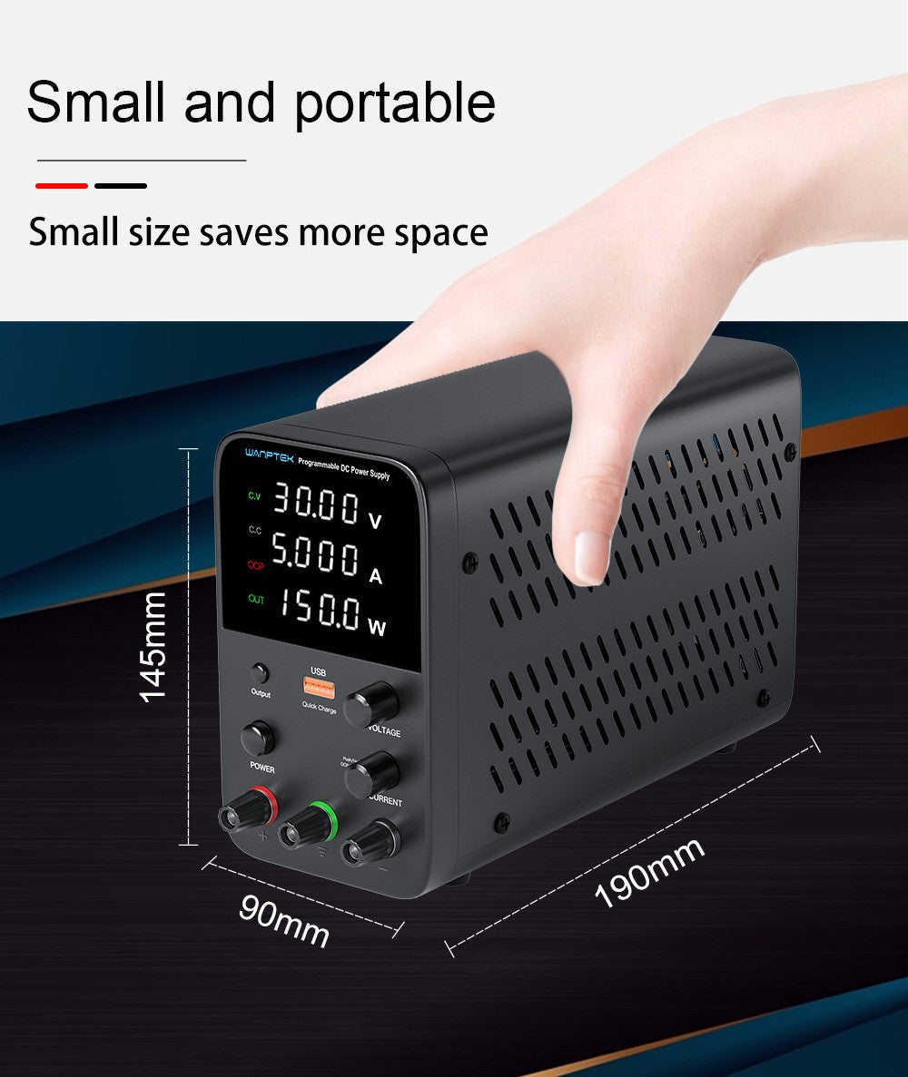 Programovateľný regulovaný zdroj jednosmerného napätia Wanptek WPS305, 30V 5A, nastavenie pomocou kódovacieho regulátoru, USB rýchlonabíjanie, inteligentná regulácia teploty, 4-miestný displej, nízke šumy a pulzácie, čierna farba - EU zástrčka