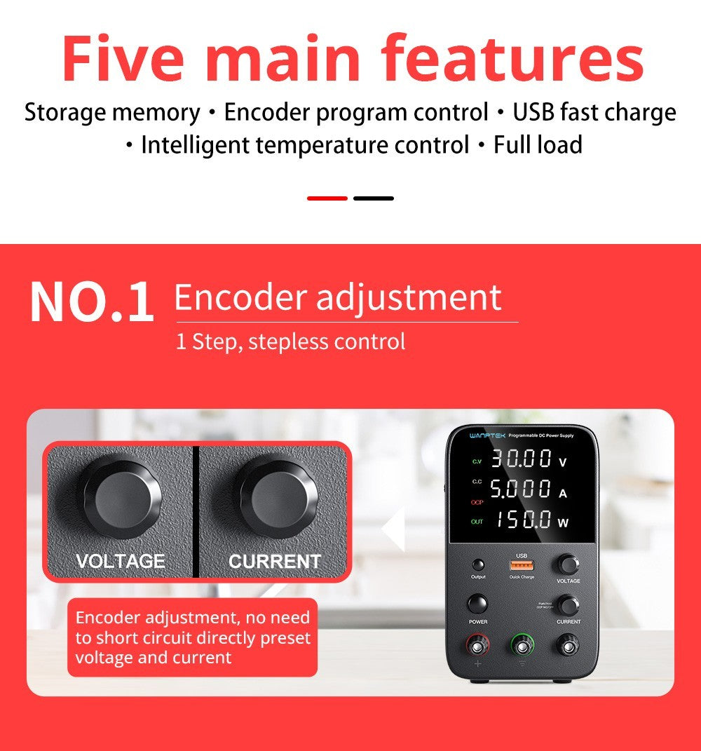 Programovateľný regulovaný zdroj jednosmerného napätia Wanptek WPS305, 30V 5A, nastavenie pomocou kódovacieho regulátoru, USB rýchlonabíjanie, inteligentná regulácia teploty, 4-miestný displej, nízke šumy a pulzácie, čierna farba - EU zástrčka