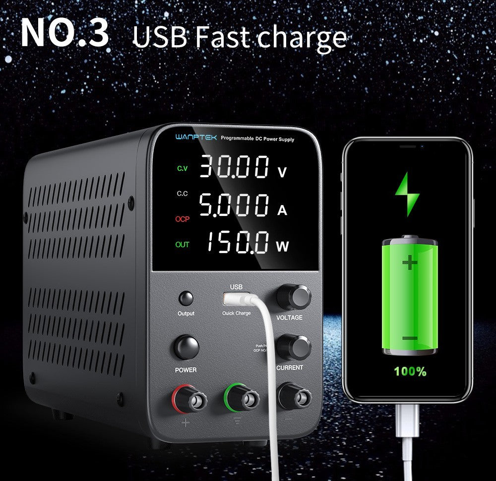 Programovateľný regulovaný zdroj jednosmerného napätia Wanptek WPS305, 30V 5A, nastavenie pomocou kódovacieho regulátoru, USB rýchlonabíjanie, inteligentná regulácia teploty, 4-miestný displej, nízke šumy a pulzácie, čierna farba - EU zástrčka