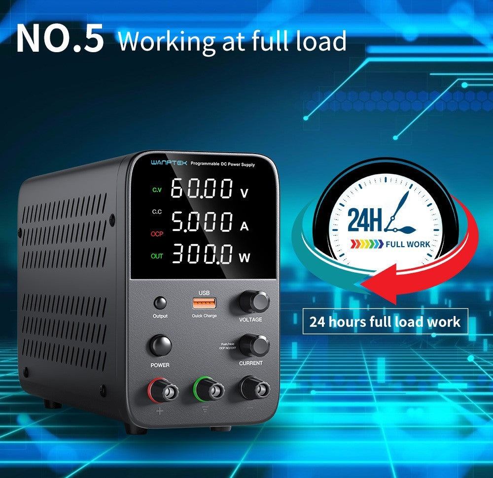 Programovateľný regulovaný zdroj jednosmerného napätia WANPTEK WPS605, 60V 5A, nastavenie pomocou enkodéra, USB rýchlonabíjanie, inteligentná regulácia teploty, 4-miestný displej, nízke zvlnenie, nízky šum, čierna farba - britská zástrčka