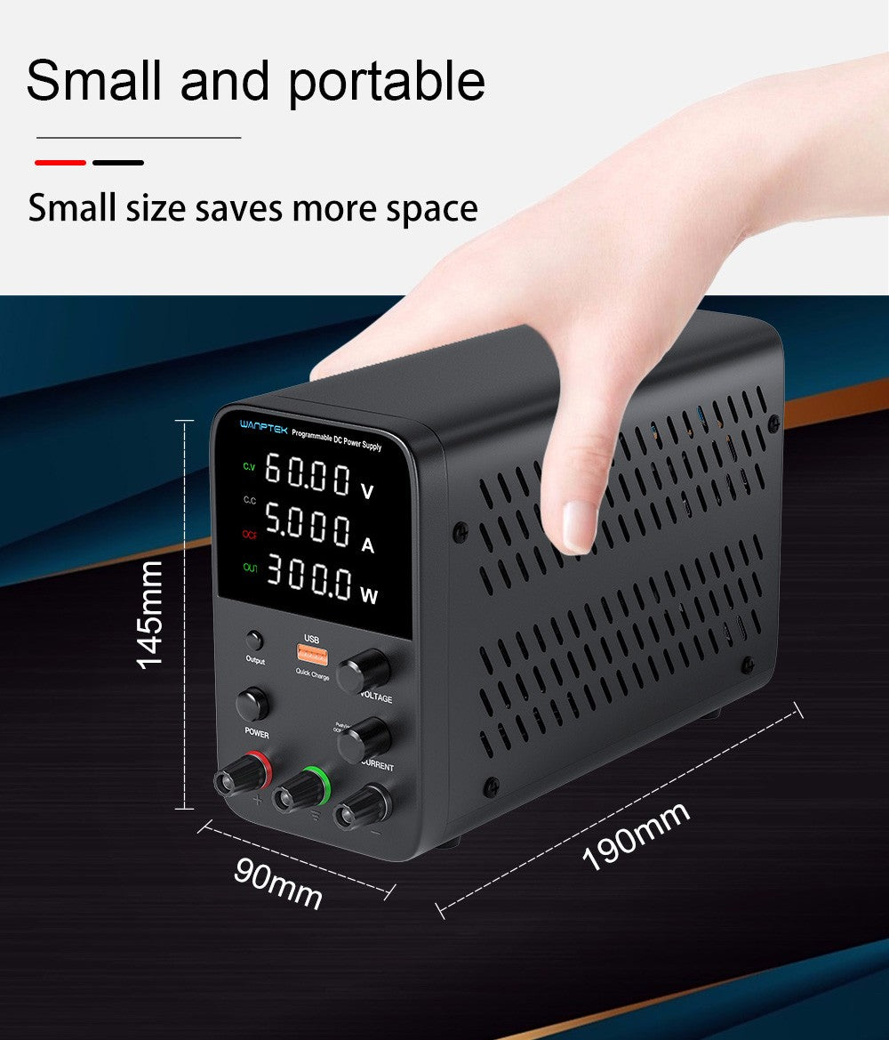 Programovateľný regulovaný zdroj jednosmerného napätia WANPTEK WPS605, 60V 5A, nastavenie pomocou enkodéra, USB rýchlonabíjanie, inteligentná regulácia teploty, 4-miestný displej, nízke zvlnenie, nízky šum, čierna farba - britská zástrčka