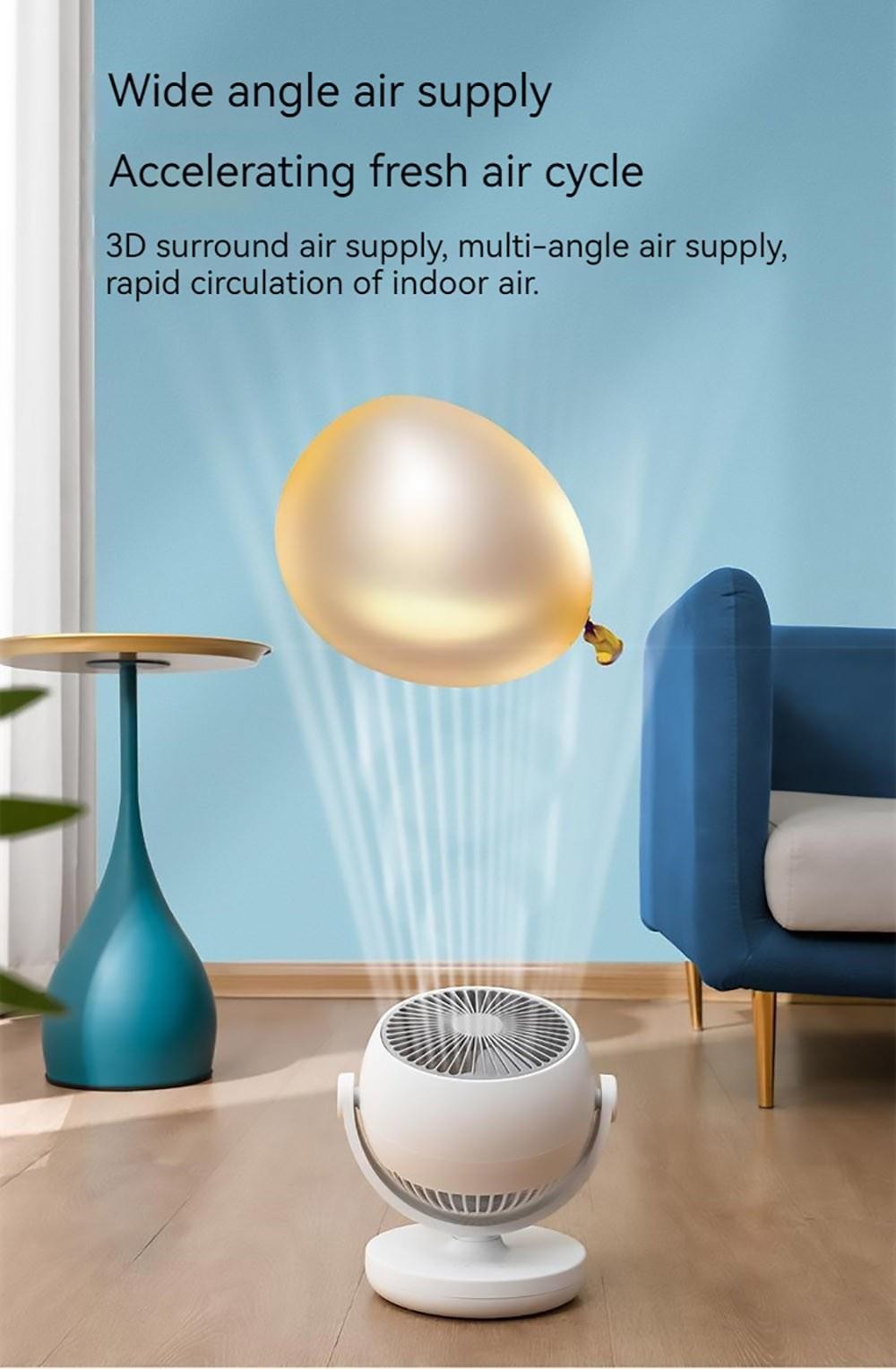 Xiaoda Feiyue C08 stolný prenosný ventilátor s cirkuláciou vzduchu, 3 stupne intenzity, časovač, otáčanie hlavy – verzia s nabíjacím portom