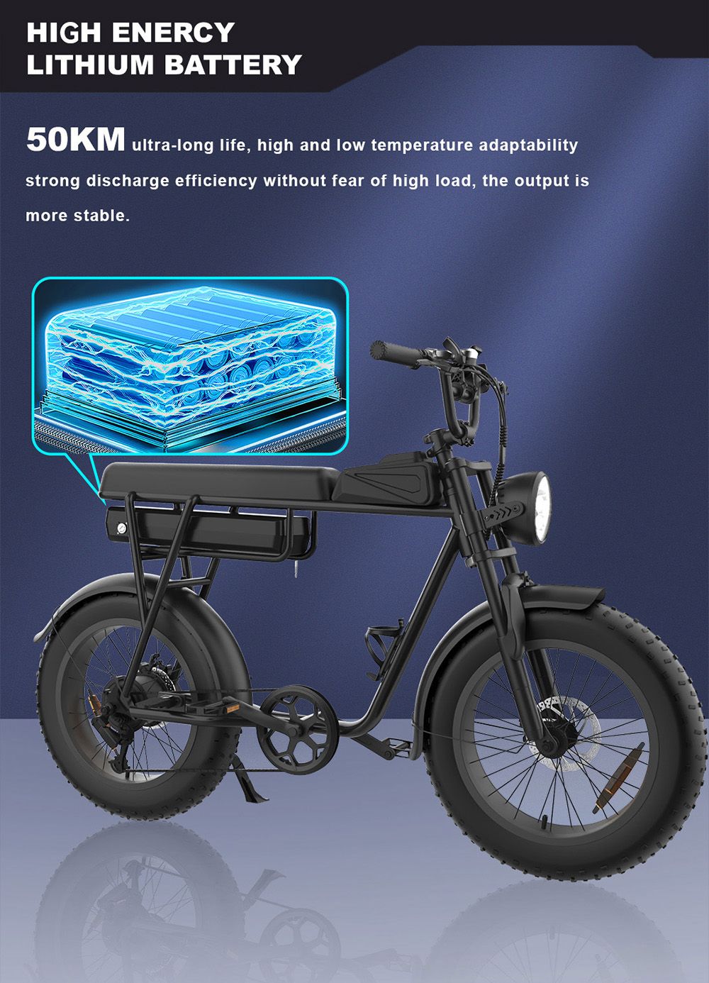 Elektrokol YAMALI FXH-006, 350W motor, 48V 18Ah batéria, 20*4'' široké pneumatiky, max. rýchlosť 40 km/h, dojazd 50 km, 7-stupňové Shimano, predné a zadné mechanické kotúčové brzdy, LCD displej - čierna farba