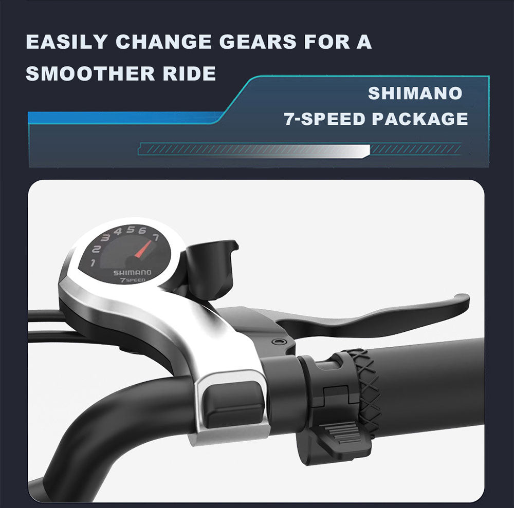 Elektrokol YAMALI FXH-006, motor 350W, batéria 48V 18Ah, široké pneumatiky 20*4'', max. rýchlosť 40 km/h, dojazd 50 km, 7-stupňové řazení Shimano, predné a zadné mechanické kotúčové brzdy, LCD displej - čierna farba