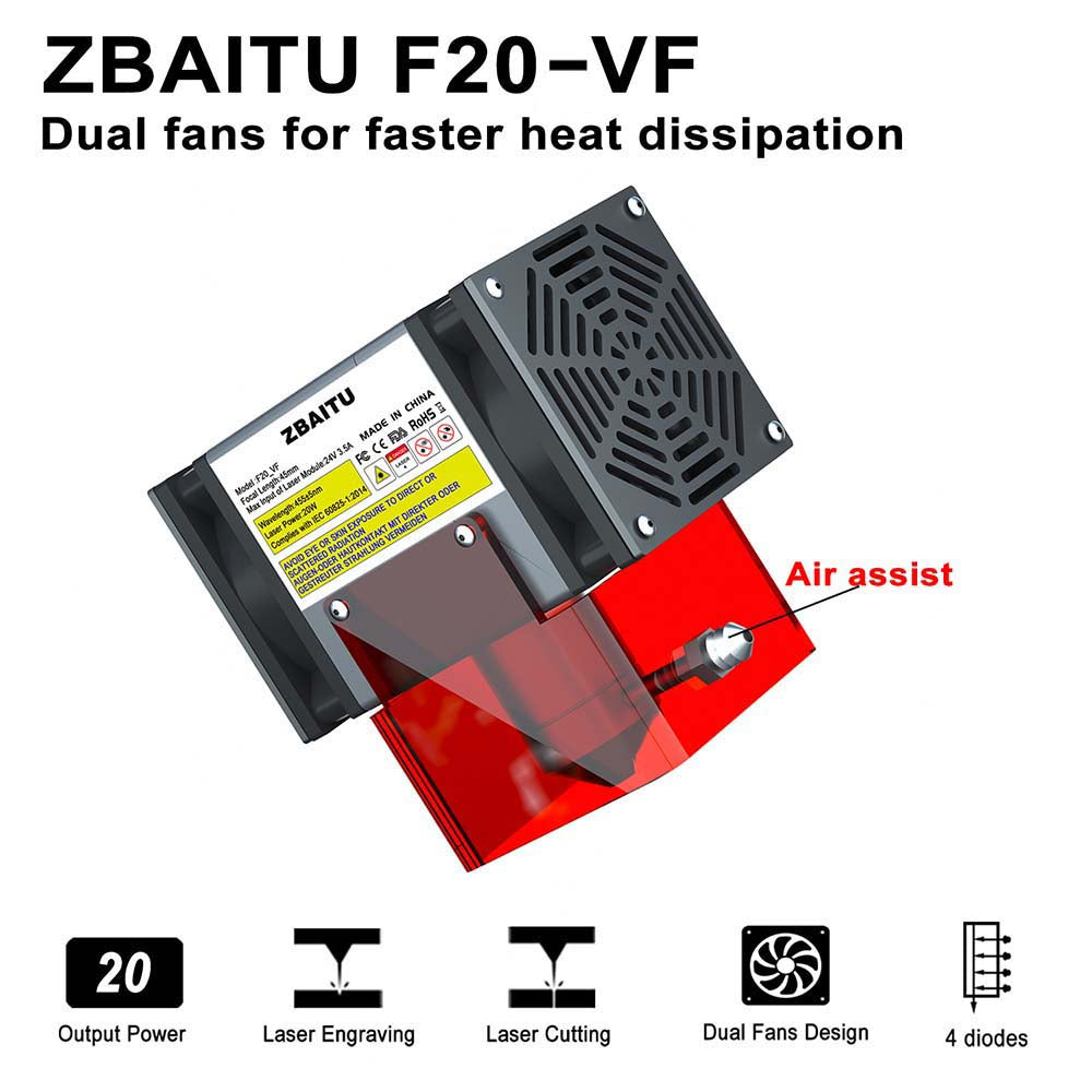 Laserový modul ZBAITU F20-VF 20W, s prívodom vzduchu, pevné zaostrenie, bod 0,08 x 0,08 mm, presnosť 0,01 mm, dvojitý ventilátor